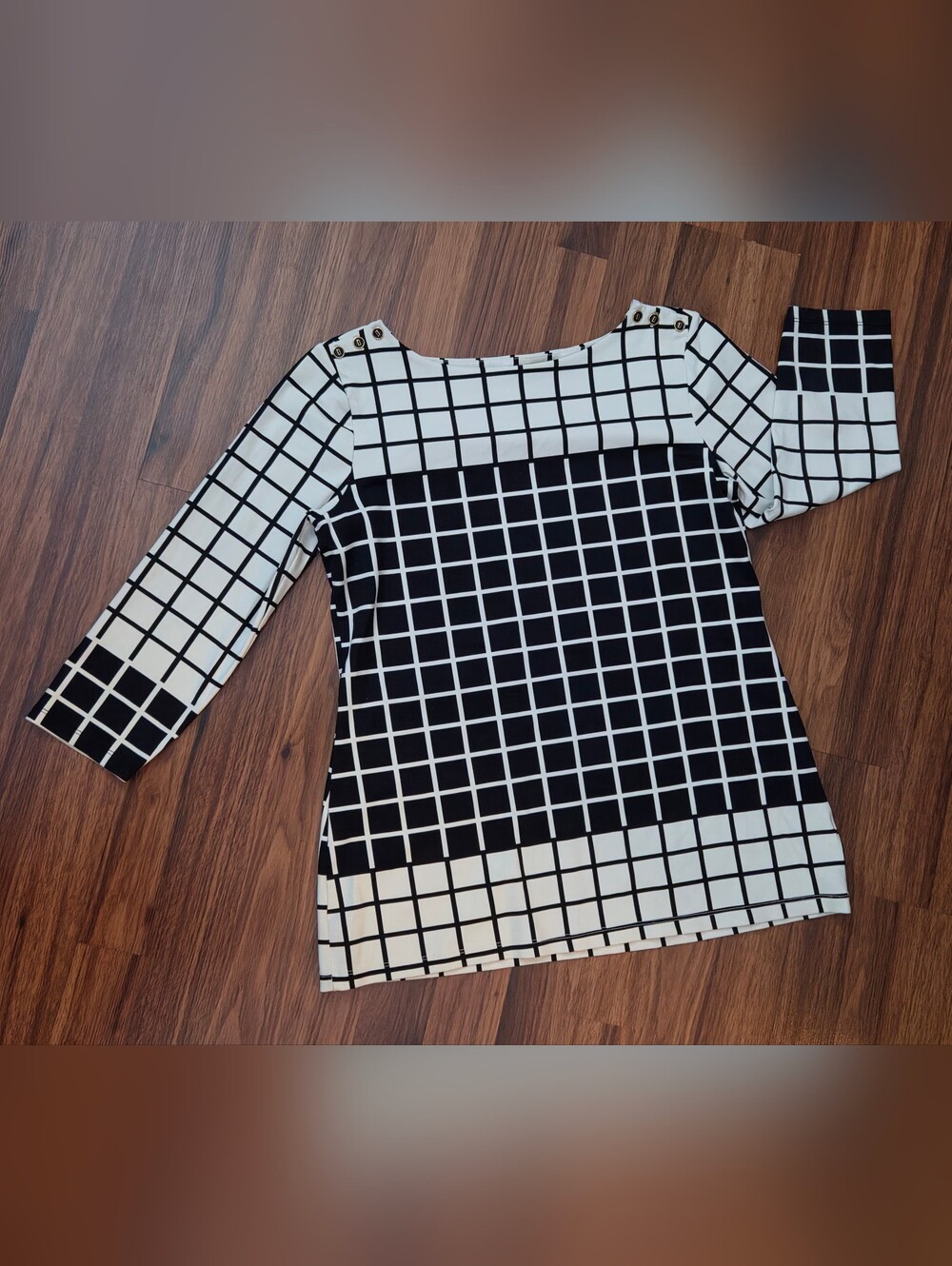 Charter Club Black & White Grid Boatneck Button-Shoulder Top